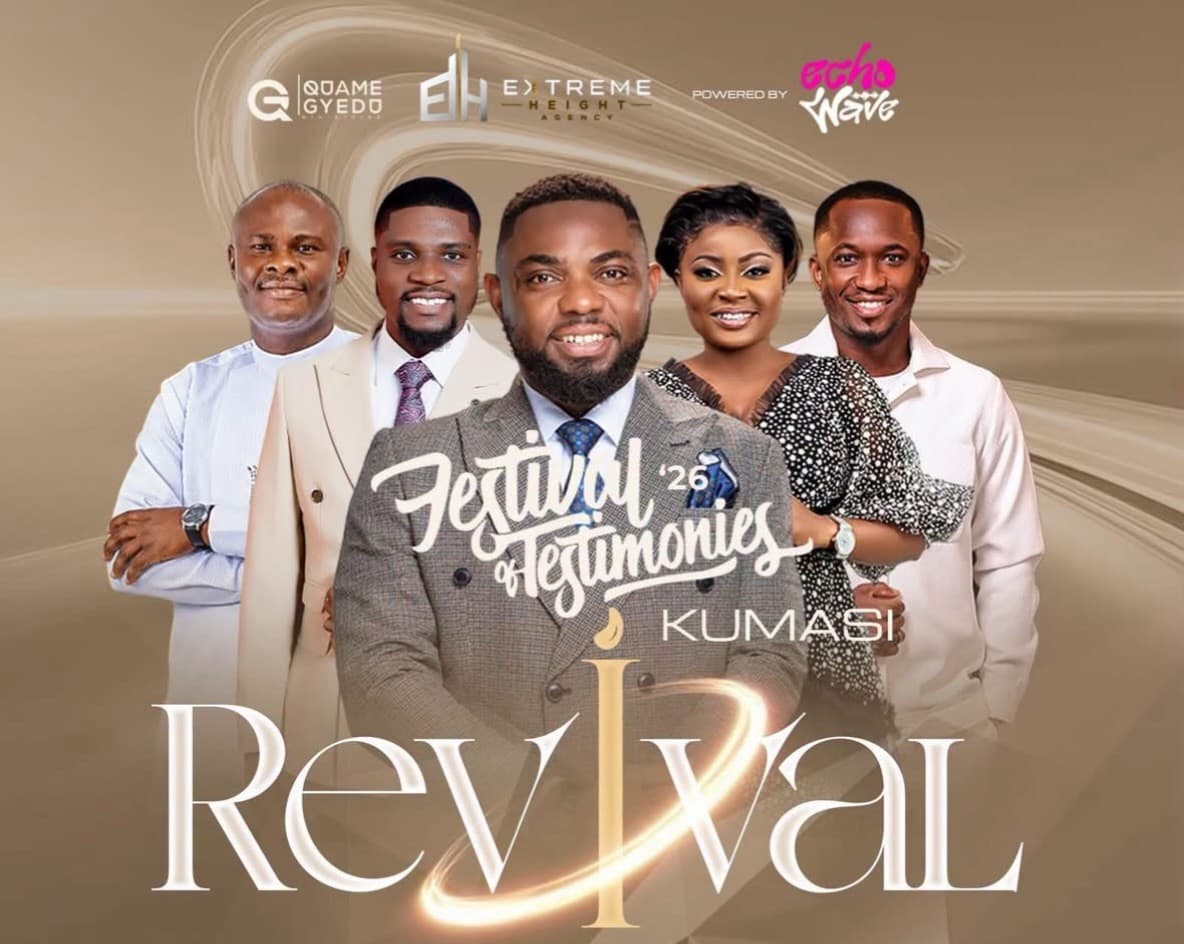 Worshippers with raised hands at Quame Gyedu's Festival of Testimonies gospel concert